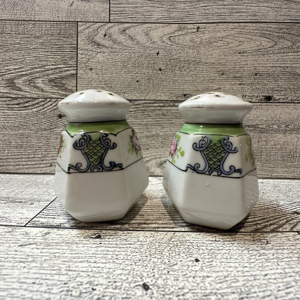 Hexagonal Salt & Pepper Shakers Ceramic Floral Geometric 2.25x1.75" Vintage